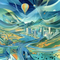 Obraz premium Colorful Abstract Landscape with Hot Air Balloons and Urban City