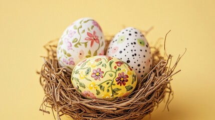 Obraz premium Easter-themed marzipan eggs, intricately painted with floral patterns and speckled designs, nestled in a delicate bird’s nest against a soft pastel yellow background