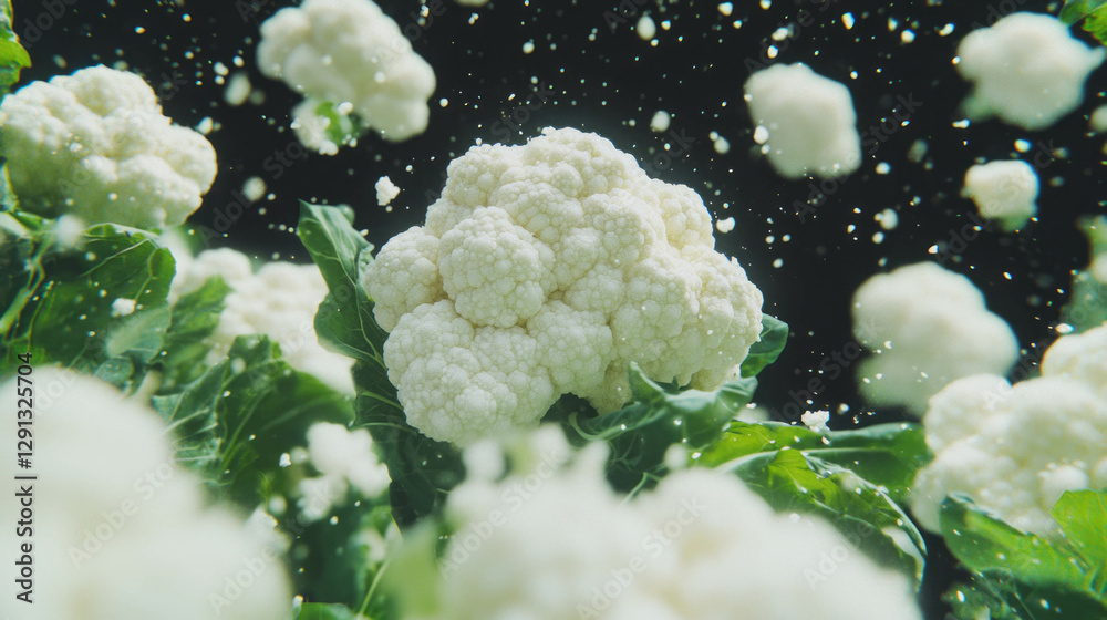Poster floating cauliflower florets against dark background for creative design projects