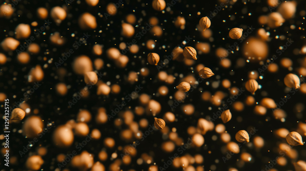 Poster floating coriander seeds on dark background for spices and culinary design