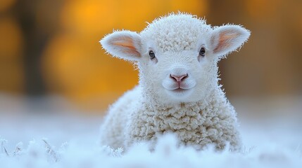 Fototapeta premium Charming young lamb with fluffy wool in a frosty field surrounded by a warm golden glow from the backdrop