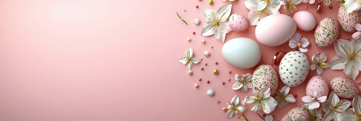 Obraz premium 3d background minimalistic mockup with space for text, delicate floral patterns and Easter elements on soft pink background
