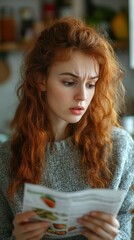 A young woman with curly red hair looks intently at a menu, pondering her dining choices in a cozy kitchen setting.