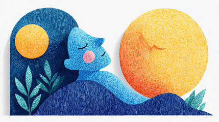 Quixotic flat illustration, A colorful illustration of a serene figure resting with a bright sun and moon, surrounded by stylized foliage.