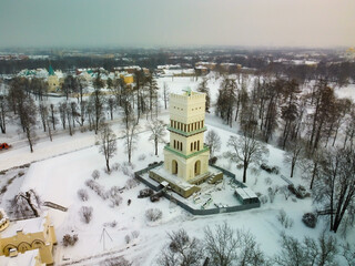 The White Tower in Alexander Park in winter from a height