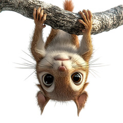 A Mischievous 3D Cartoon Squirrel Hanging Upside Down Isolated on Transparent Background