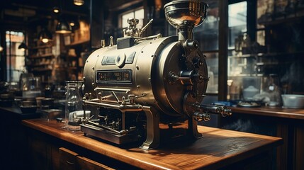 A photo of an empty artisan roasting machine in a cafe