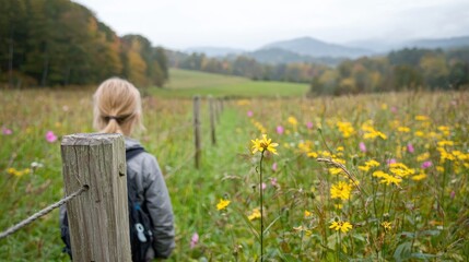 Child walking path meadow autumn scenery. Possible use Nature photography stock
