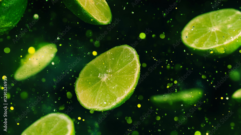 Poster vibrant background of floating halved limes on lush green backdrop for fresh design