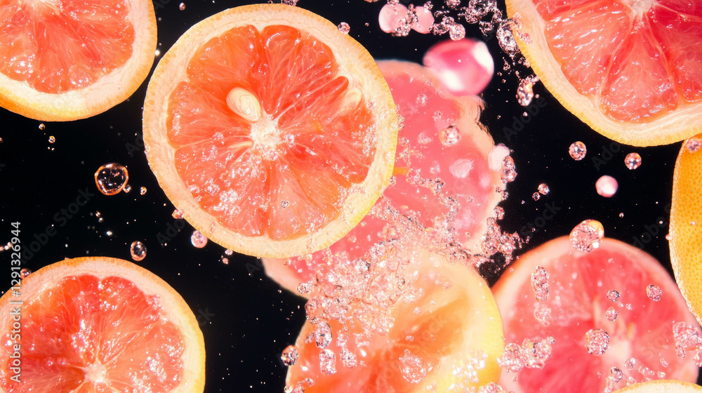 Poster Vibrant grapefruit halves in dynamic water background for refreshing design