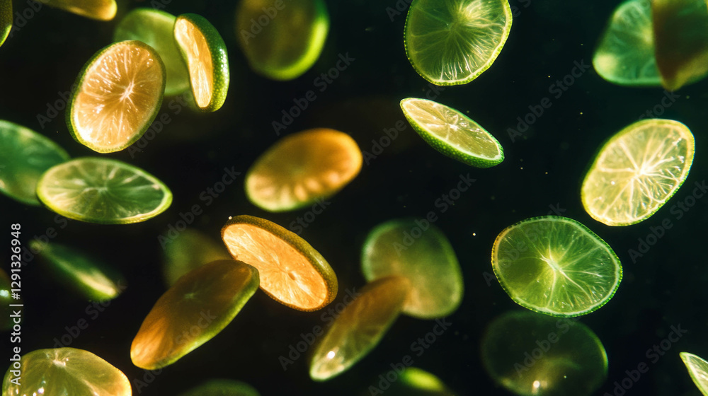 Poster floating halved limes on dark green background for refreshing summer design