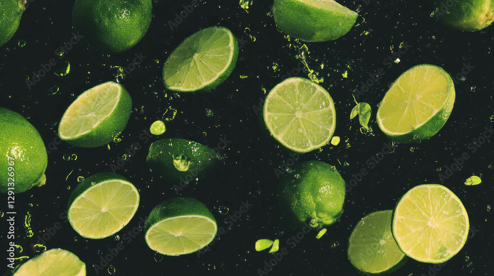 Poster Refreshing summer theme with floating halved limes on green background