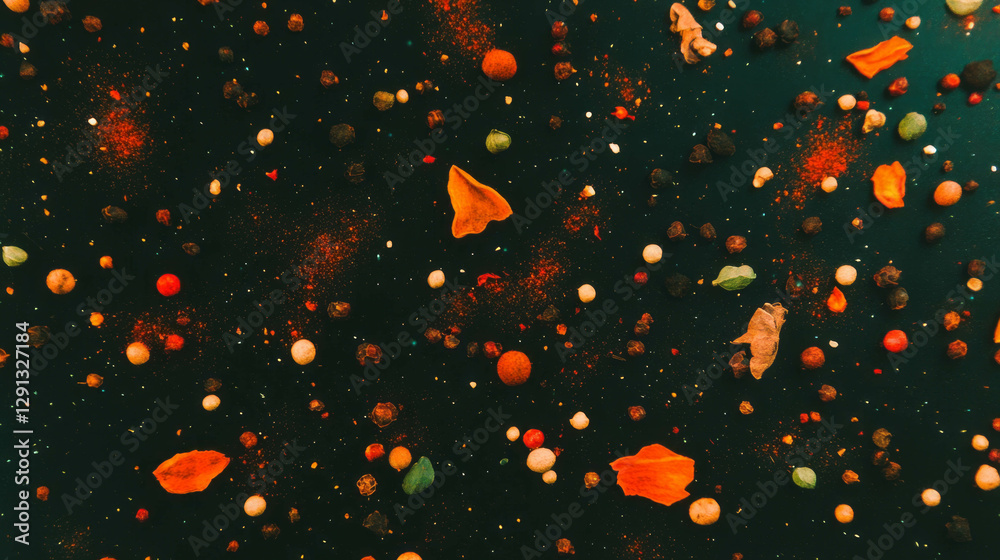 Poster colorful background of mixed spices with varied peppercorns and leaves for culinary design