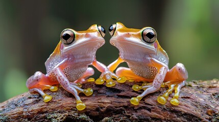 Naklejka premium Two bright orange tree frogs on a log, in a tropical forest setting. Suitable for nature, wildlife, or education use