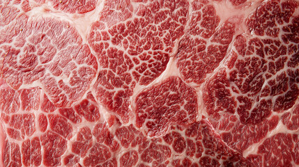 image shows close up texture of sliced wagyu beef, highlighting its marbled fat and rich red color