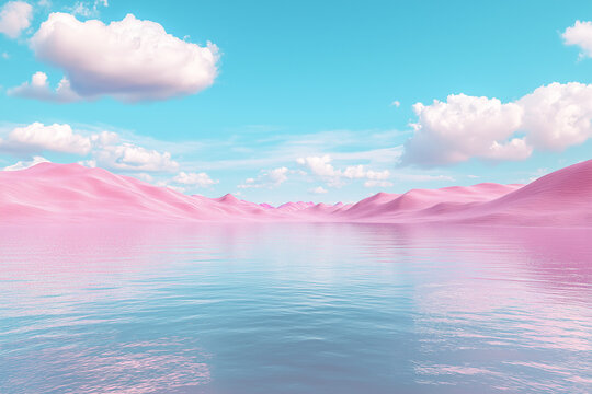 A 3D-rendered modern abstract minimalist scene featuring a tranquil body of water in the center of a pink desert, set beneath a vast blue sky with soft white clouds, creating a surreal fantasy landsca