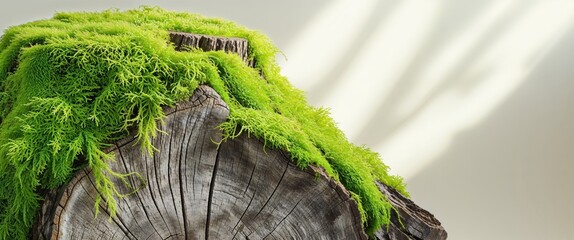 Lush green moss growing on weathered tree stump.