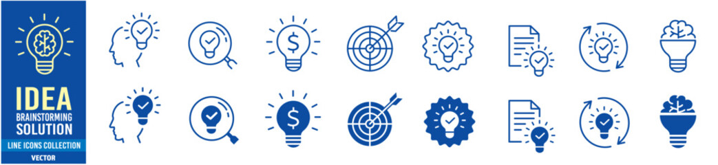 Idea icon set. Creative, business, solution, brainstorming, innovation, Lightbulb, brain, meeting, thinking and management. Editable stroke icons collection vector illustration. 