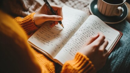 Hypertension patient journaling in a cozy, well-lit corner. Featuring self-reflection and relaxation