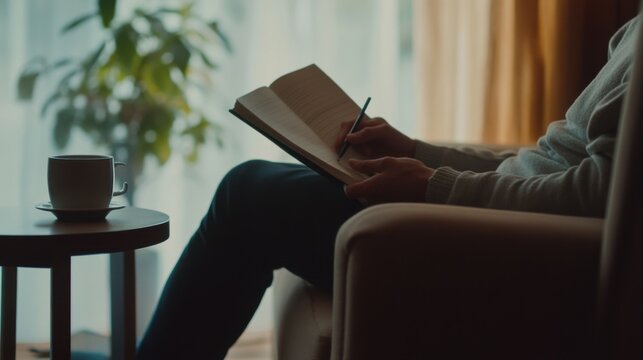 Hypertension patient journaling in a cozy, well-lit corner. Featuring self-reflection and relaxation