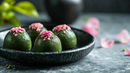 Japanese matcha-infused marzipan sweets, decorated with sakura petals and served in a black lacquered dish, against a minimalist Zen background