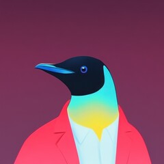 Fototapeta premium Stylish Bird in Red Jacket with Blue and Yellow Undercoat Focused Pose