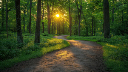 Obraz premium winding path through dense forest park with sunlight filtering through trees creates serene and peaceful atmosphere