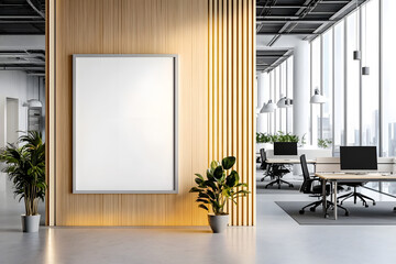 Modern office interior with vertical wooden partition and blank white frame for display. 3D Rendering