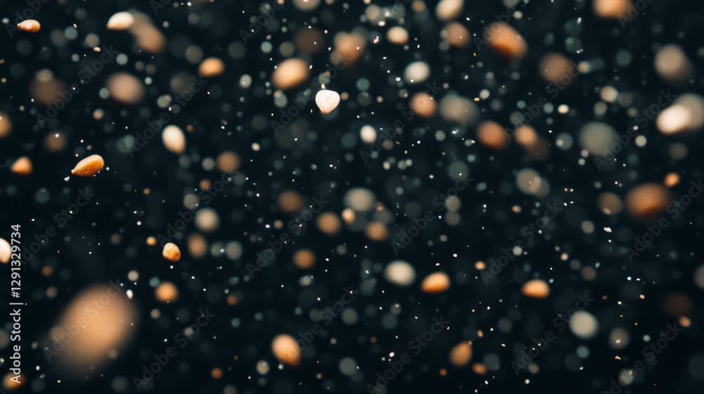 Poster abstract background of falling black and white sesame seeds on dark background for culinary design