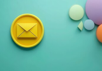 Yellow envelope icon on colorful background with geometric shapes