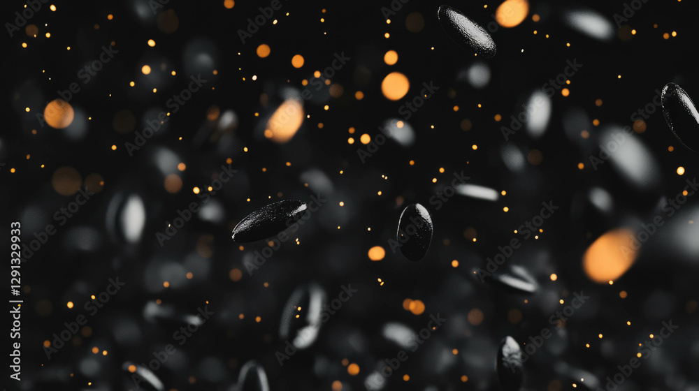 Aufkleber dynamic pattern of falling black sesame seeds on dark background