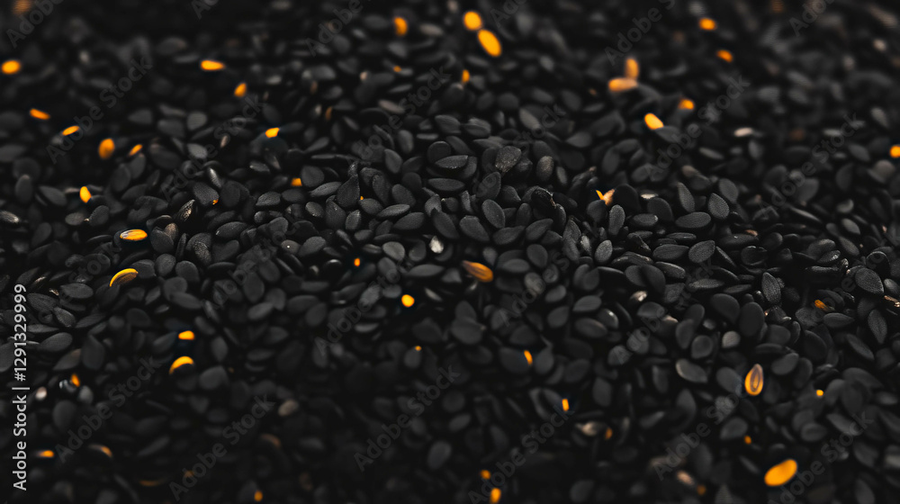 Poster falling black sesame seeds on dark background for culinary and design use