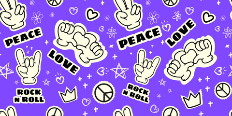 Hand gestures Seamless pattern in retro style, peace signs, love symbols, and rock and roll elements for trendy designs, background,textiles, wallpapers, digital .Vector illustration
