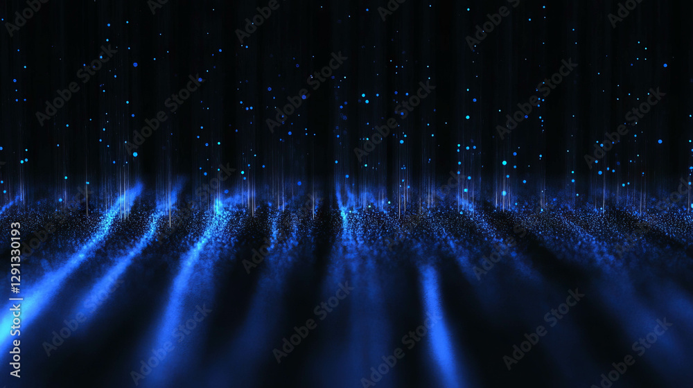 Poster Abstract background with falling blue light rays and blurred glowing particles for digital design and technology themes