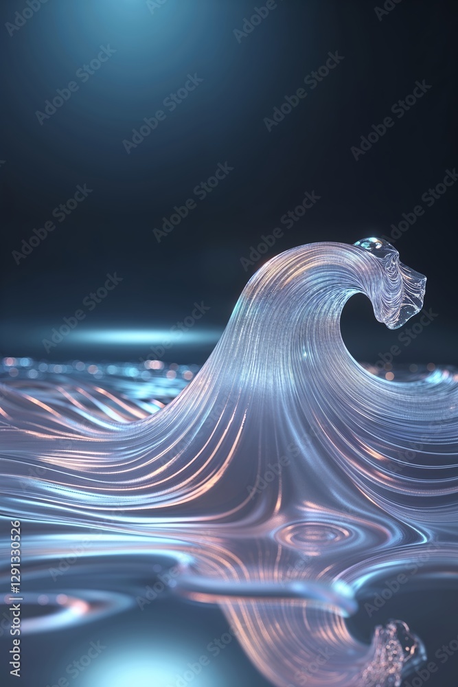 Poster fluid wave sculpture in shimmering light creating a mesmerizing effect in a dark setting