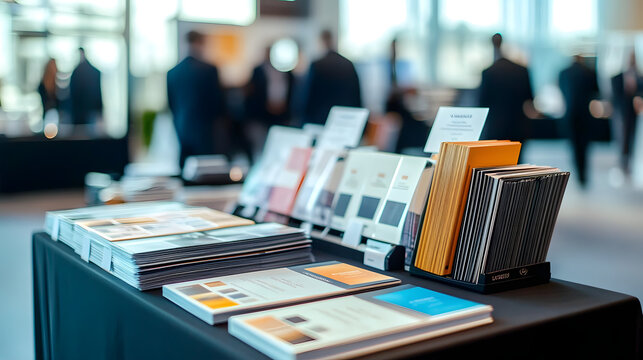 A display of notebooks, brochures, and printing materials set on a table at a professional event, with attendees in the background.
