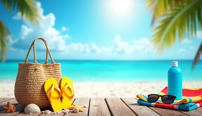 Tropical beach with sunbathing accessories, summer holiday background