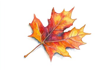 A hand painted watercolor maple leaf, warm autumn hues, isolated