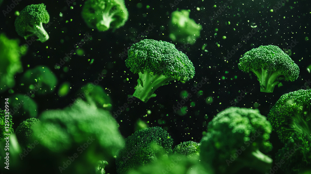 Poster Dynamic motion of falling broccoli florets against dark background