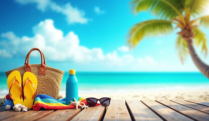 Tropical beach with sunbathing accessories, summer holiday background