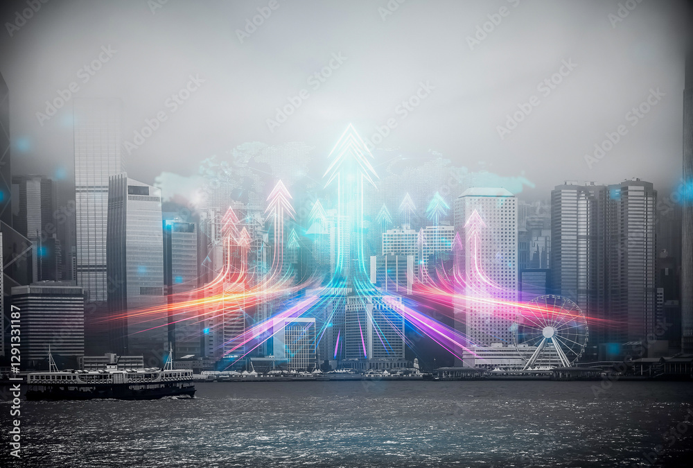 Poster hong kong business concept showcasing growing up ambitions with vibrant arrows rising above the city