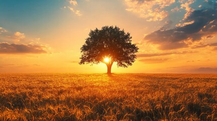A majestic solitary tree silhouetted against a stunning sunset in a golden wheat field, creating a serene landscape scene.