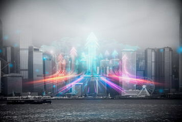 Fototapeta premium Hong Kong business concept showcasing growing up ambitions with vibrant arrows rising above the cityscape, symbolizing progress and forward direction.