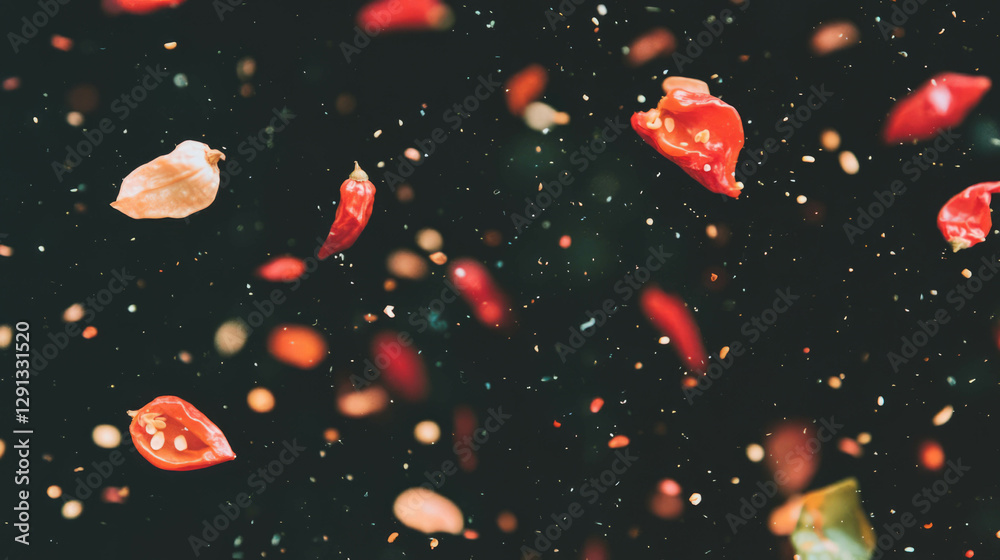 Poster dynamic background of falling dried chili peppers on dark backdrop