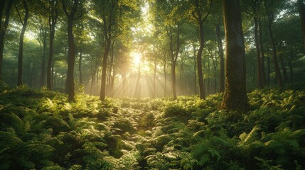 Obraz premium Sunbeams illuminate misty forest path, ferns, sunrise