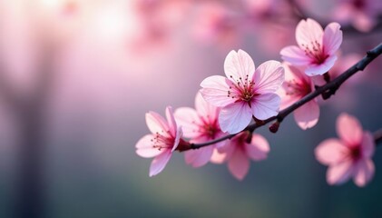 Obraz premium Soft pink sakura blossoms in a misty environment, background blur, macro photography