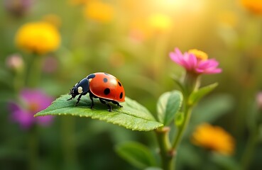 Fototapeta premium A tiny ladybug with polka dot spots sits on a vibrant sunlit garden leaf surrounded by colorful flowers.