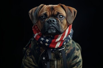 Obraz premium Memorial Day. Adorable dog and congratulatory inscription. Close-up, indoors. Studio shot. National holiday concept. Congratulations for family, relatives, friends, colleagues. Pets care