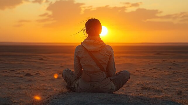 Silhouette of a woman meditating on a rock at sunset, surrounded by golden skies and serene landscapes.