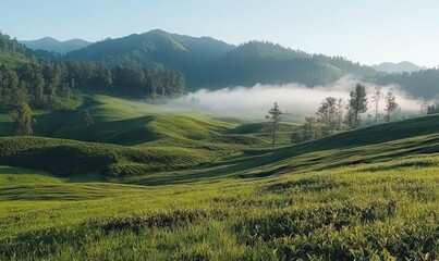 Obraz premium Misty Morning Sunlight Over Lush Green Terraced Hills